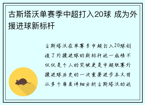 古斯塔沃单赛季中超打入20球 成为外援进球新标杆