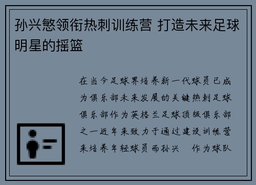 孙兴慜领衔热刺训练营 打造未来足球明星的摇篮