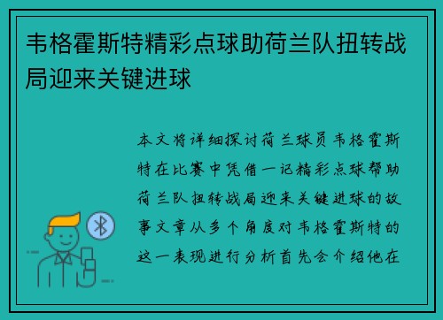 韦格霍斯特精彩点球助荷兰队扭转战局迎来关键进球
